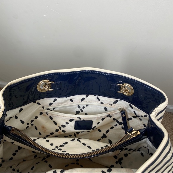 Kate Spade Montrose Elena White and Navy Stripe Patent Leather Chain Purse - Picture 7 of 13
